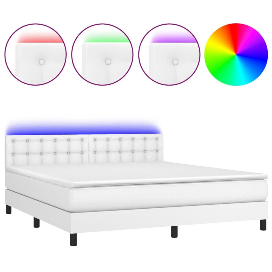 Cama box spring colchón y LED cuero sintético blanco 180x200