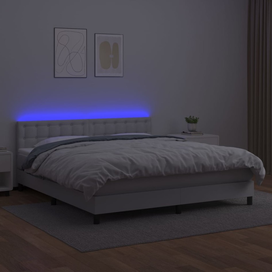 Cama box spring colchón y LED cuero sintético blanco 180x200