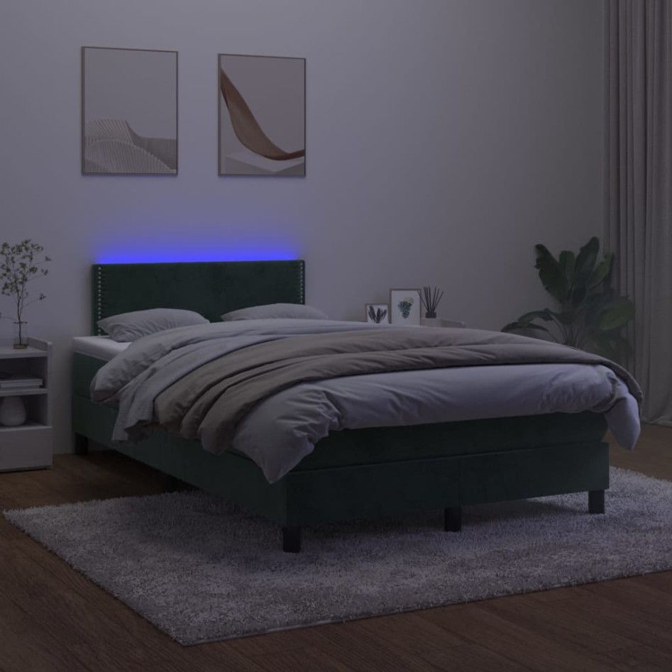 Cama box spring colchón y LED terciopelo verde oscuro