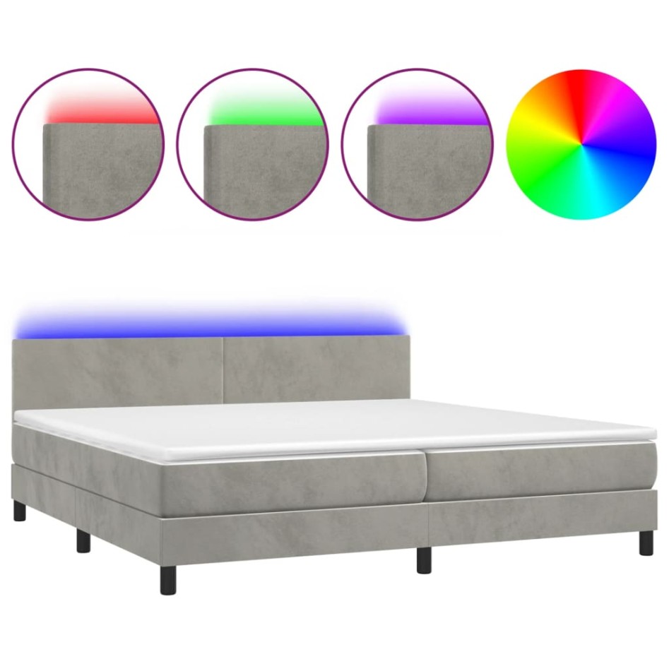 Cama box spring colchón y LED terciopelo gris claro 200x200