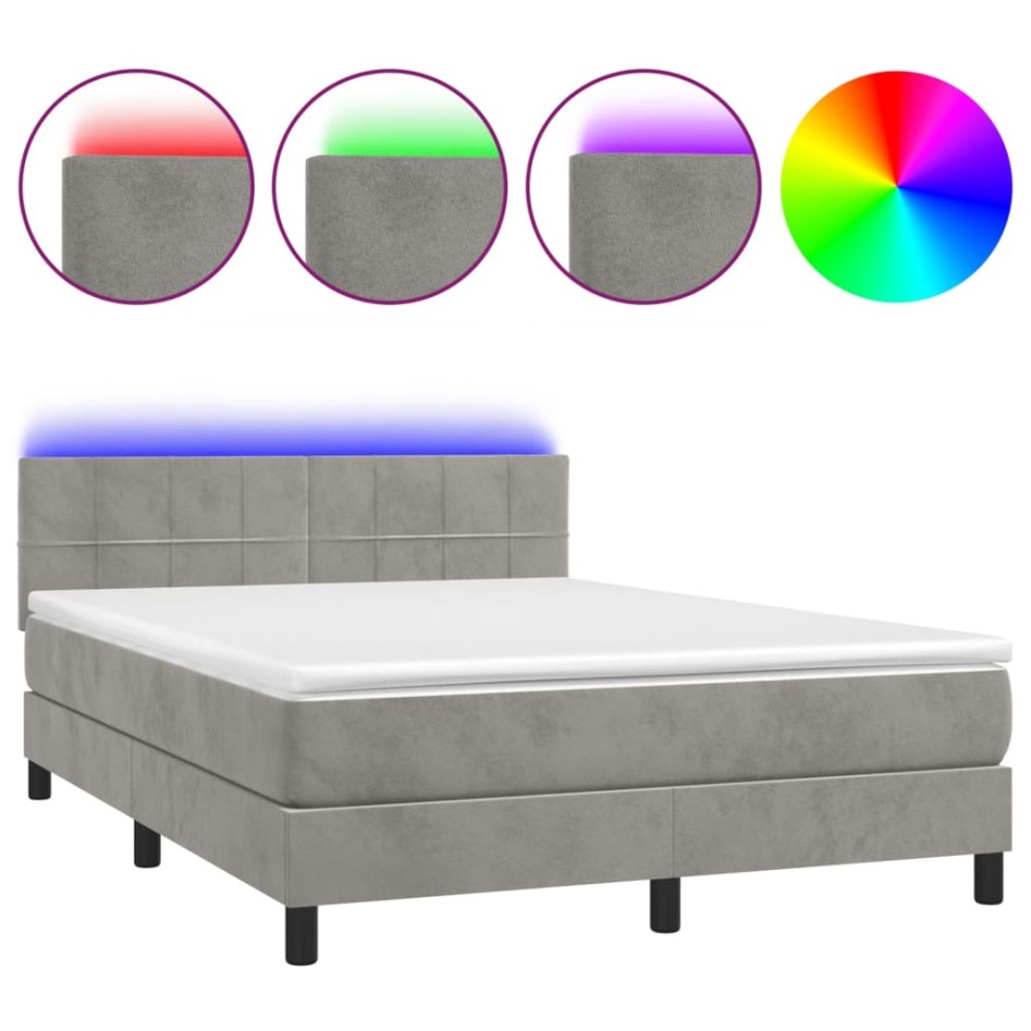 Cama box spring colchón y LED terciopelo gris claro 140x200