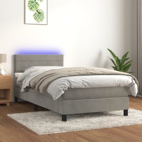 Cama box spring colchón y LED terciopelo gris claro 100x200