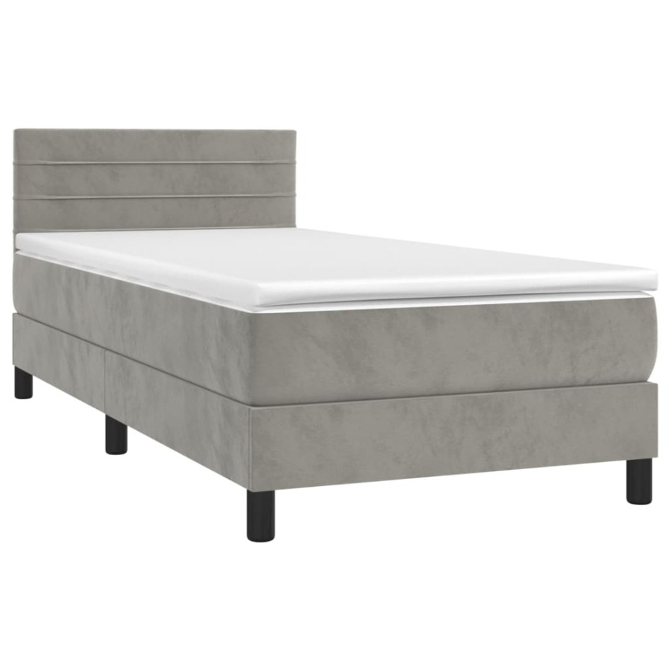 Cama box spring colchón y LED terciopelo gris claro 100x200
