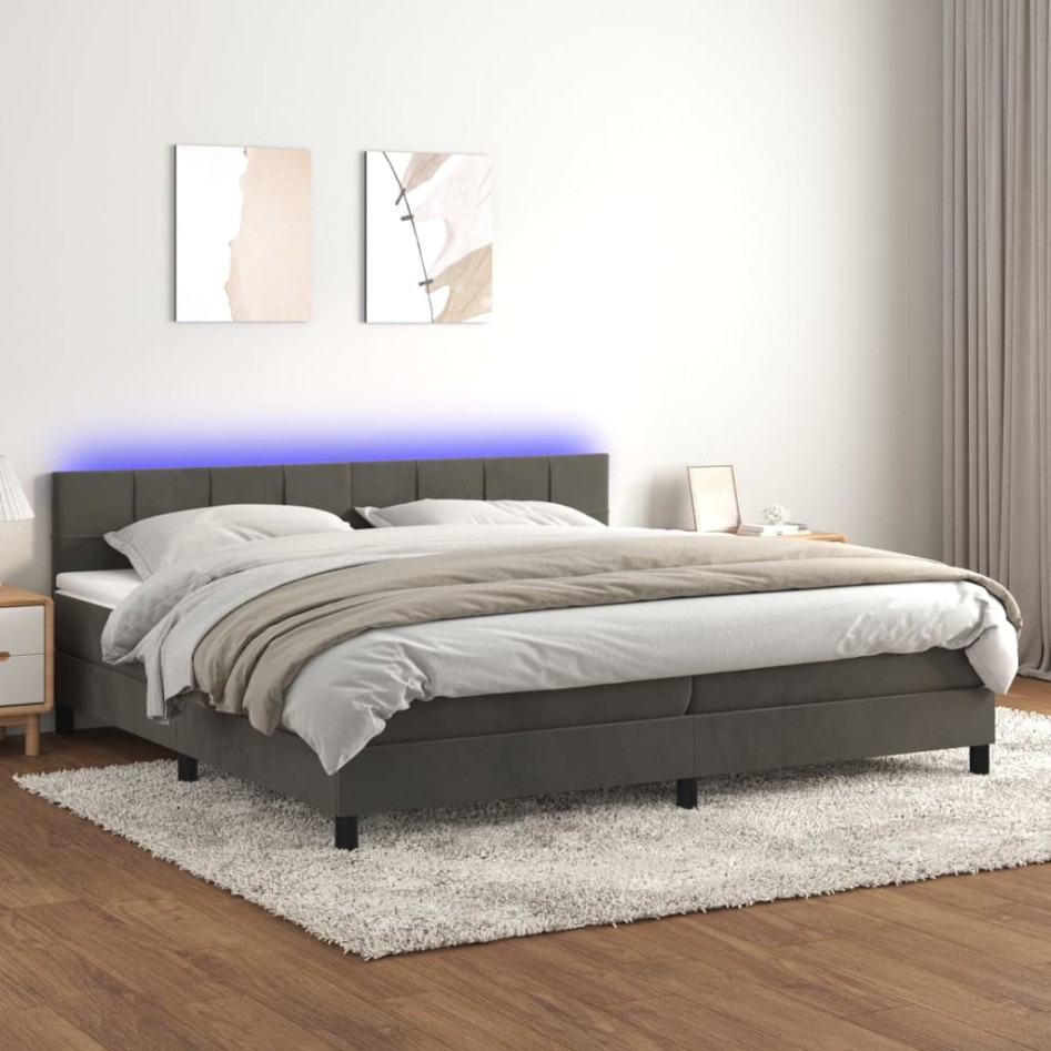 Cama box spring colchón y LED terciopelo gris oscuro 200x200