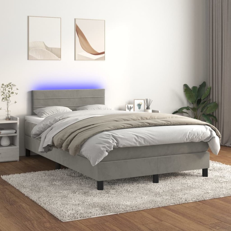 Cama box spring colchón y LED terciopelo gris claro 120x200