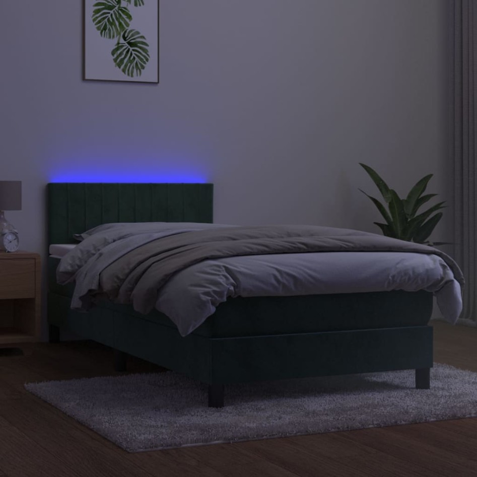 Cama box spring colchón y LED terciopelo verde oscuro 90x190