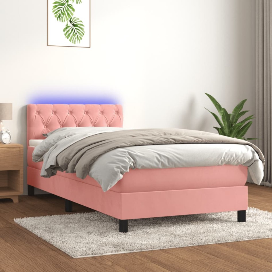 Cama box spring colchón y LED terciopelo rosa 80x200