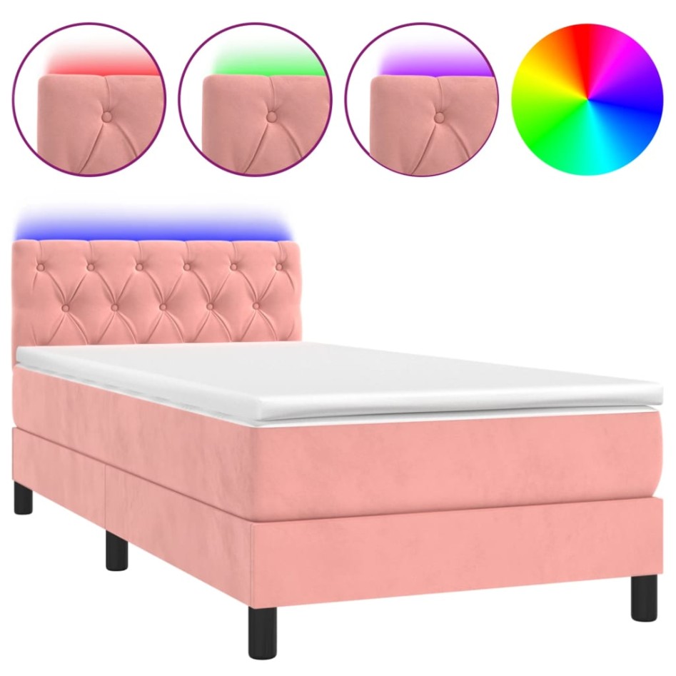 Cama box spring colchón y LED terciopelo rosa 80x200