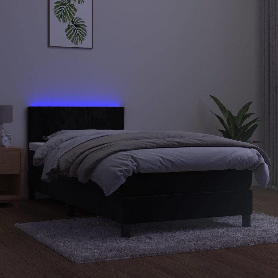 Cama box spring colchón y LED terciopelo negro 100x200