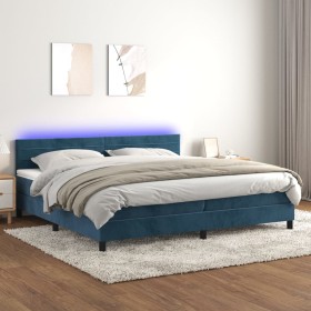 Cama box spring colchón y LED terciopelo azul oscuro 200x200
