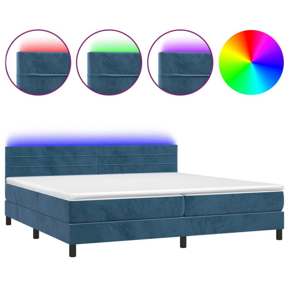 Cama box spring colchón y LED terciopelo azul oscuro 200x200