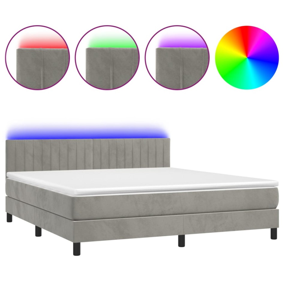 Cama box spring colchón y LED terciopelo gris claro 180x200