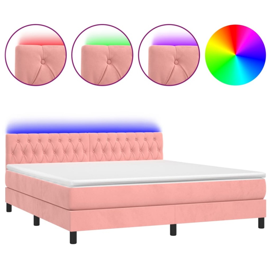 Cama box spring colchón y LED terciopelo rosa 160x200