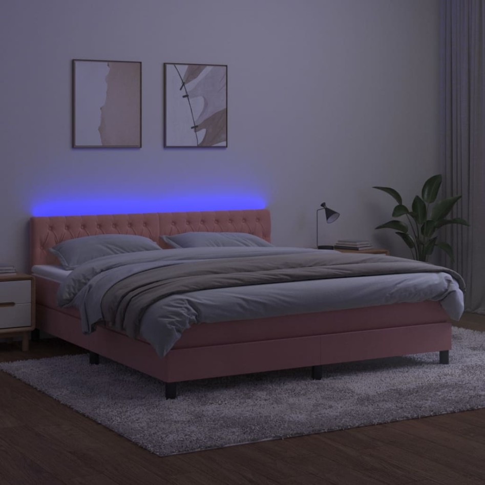 Cama box spring colchón y LED terciopelo rosa 160x200