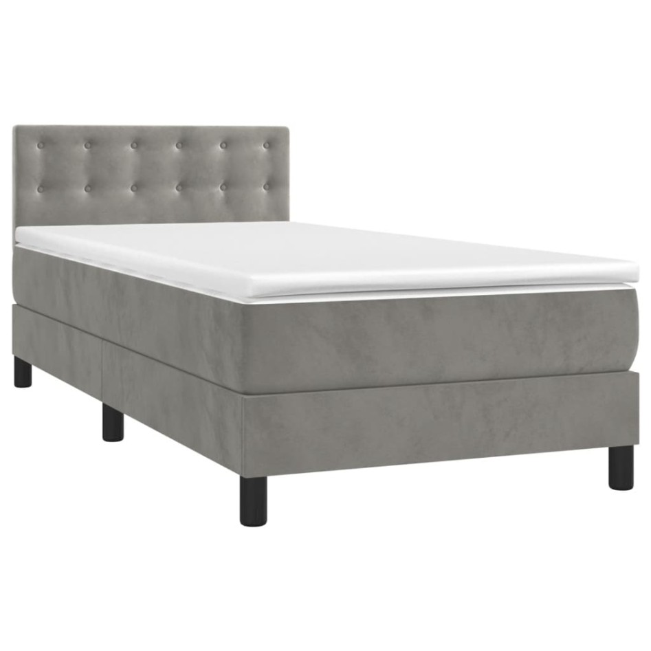 Cama box spring colchón y LED terciopelo gris claro 100x200
