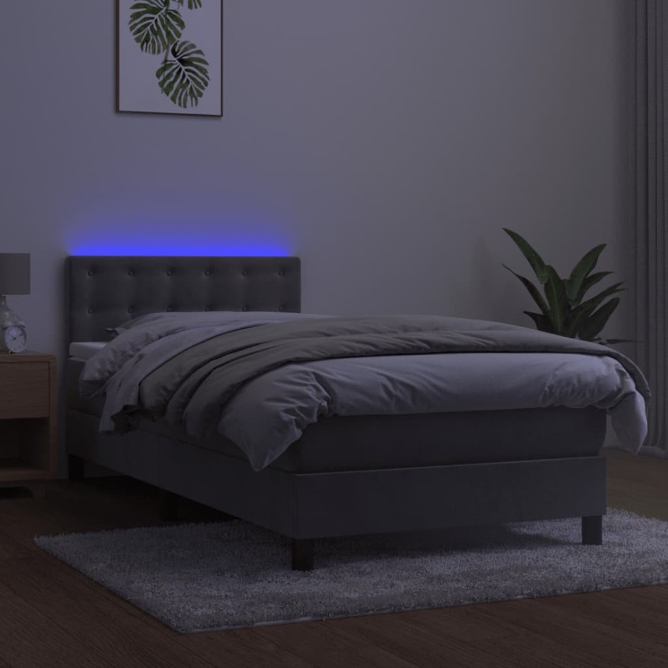 Cama box spring colchón y LED terciopelo gris claro 100x200