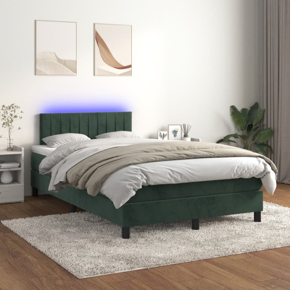 Cama box spring colchón y LED terciopelo verde oscuro