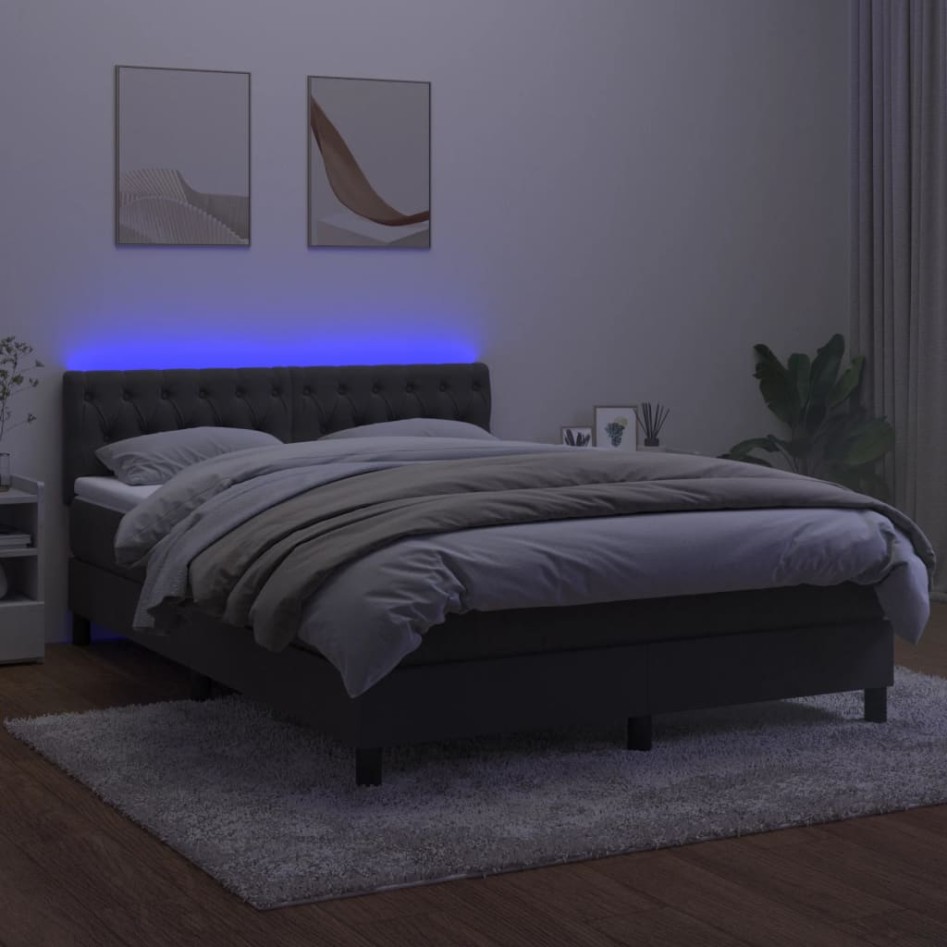 Cama box spring colchón y LED terciopelo gris oscuro 140x190