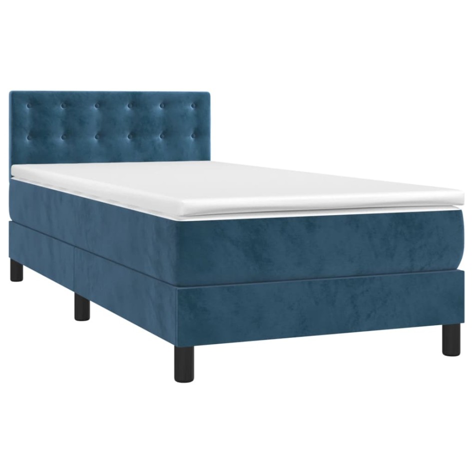 Cama box spring colchón y LED terciopelo azul oscuro 90x190