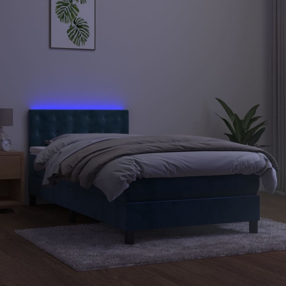 Cama box spring colchón y LED terciopelo azul oscuro 90x190
