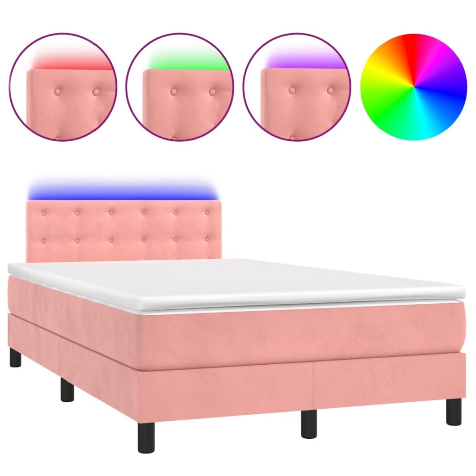 Cama box spring colchón y LED terciopelo rosa 120x200