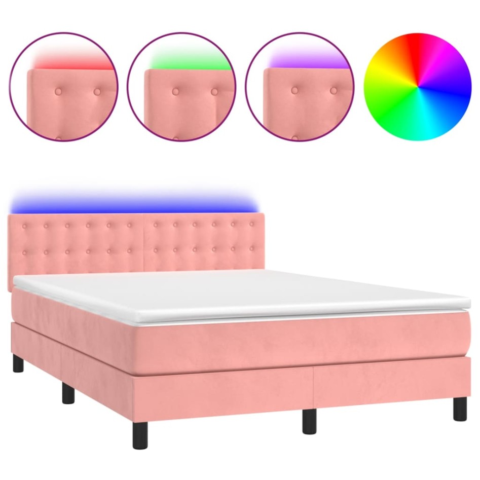 Cama box spring colchón y LED terciopelo rosa 140x200