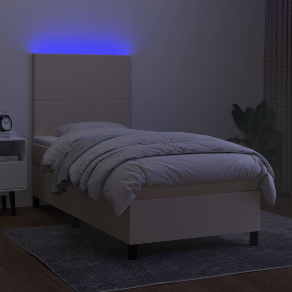Cama box spring colchón y luces LED tela crema 90x200