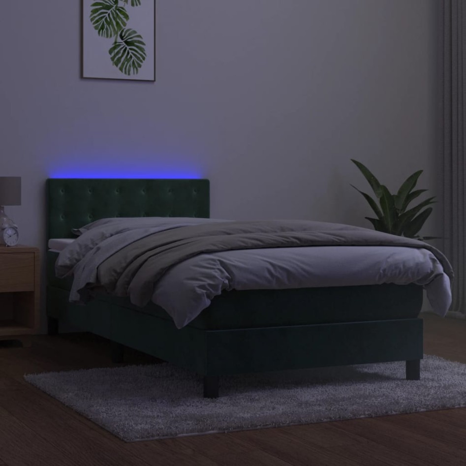 Cama box spring colchón y LED terciopelo verde oscuro 80x200