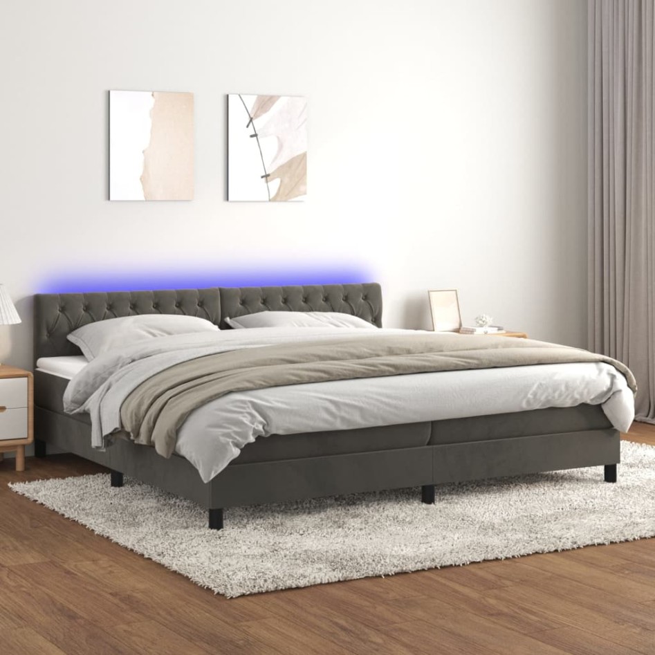 Cama box spring colchón y LED terciopelo gris oscuro 200x200