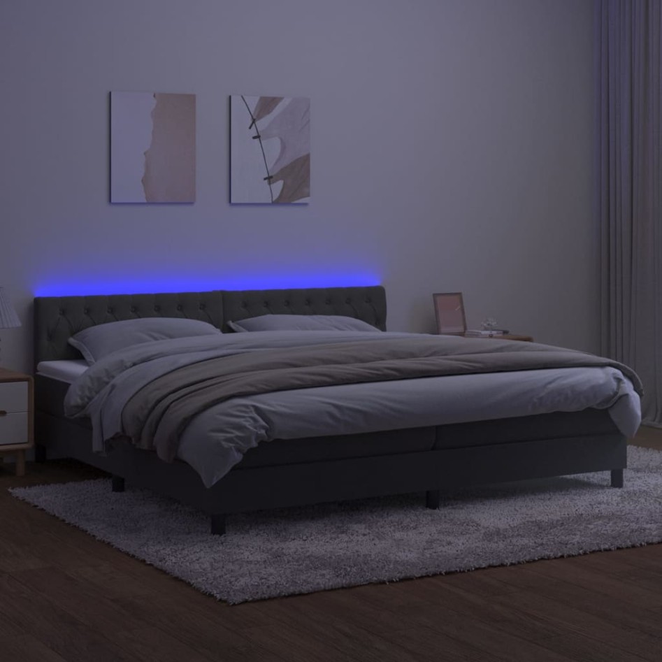 Cama box spring colchón y LED terciopelo gris oscuro 200x200