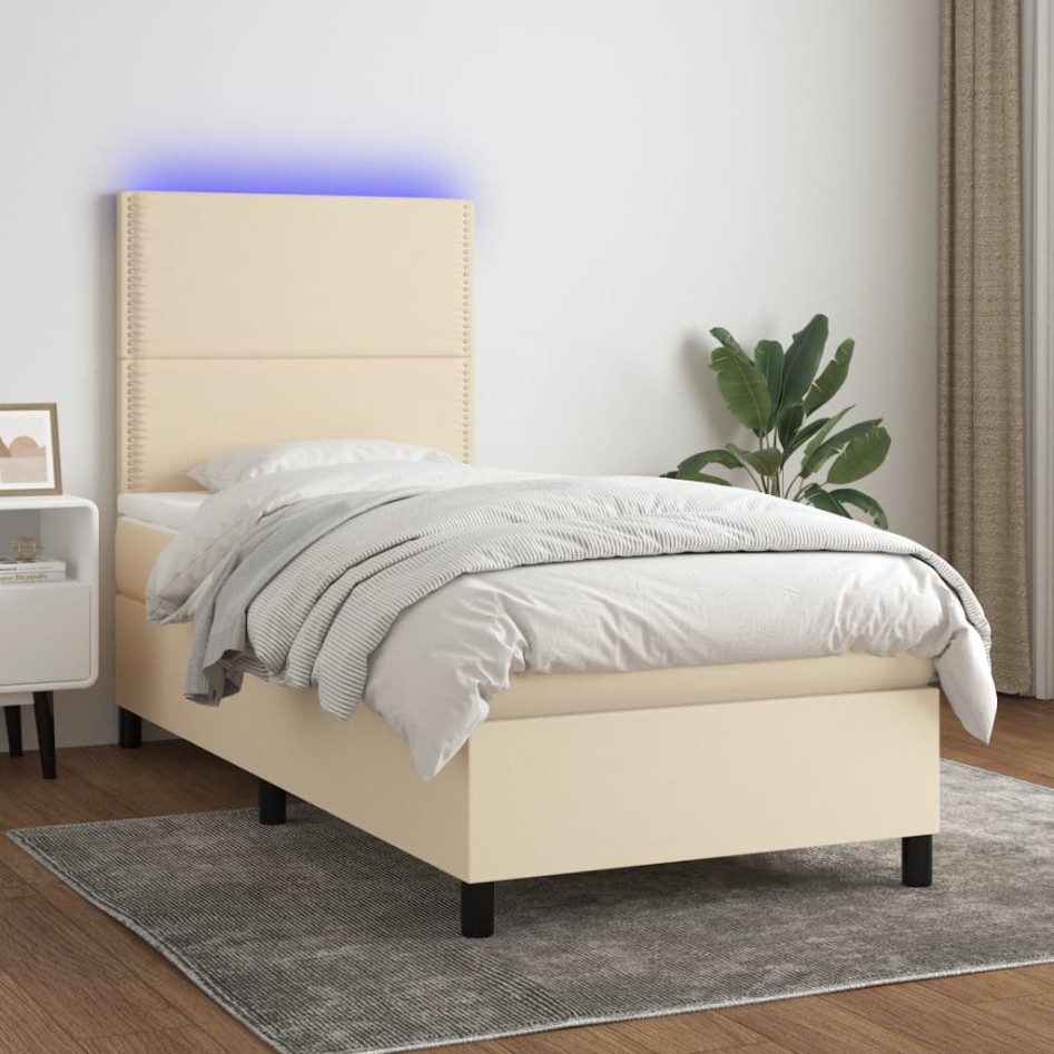Cama box spring colchón y luces LED tela color crema 90x190