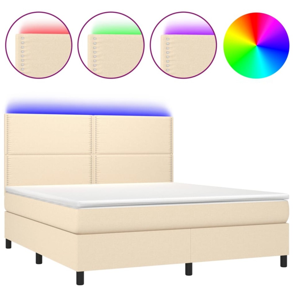 Cama box spring colchón y luces LED tela crema 180x200