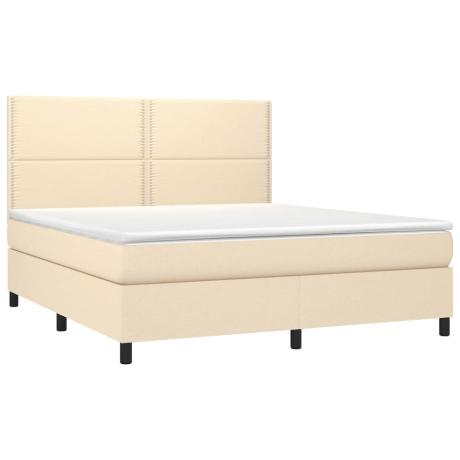 Cama box spring colchón y luces LED tela crema 180x200