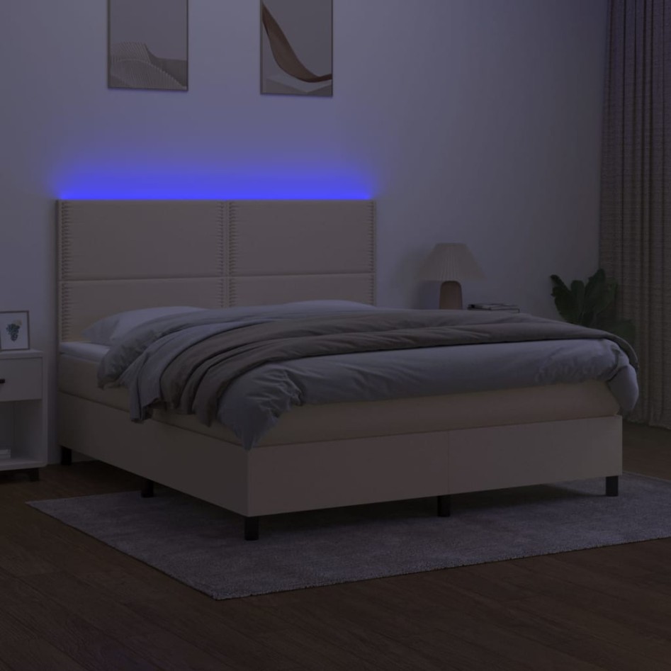 Cama box spring colchón y luces LED tela crema 180x200