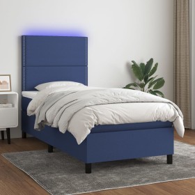Cama box spring colchón y luces LED tela azul 80x200