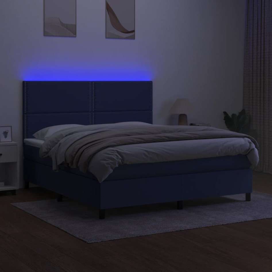 Cama box spring colchón y luces LED tela azul 160x200