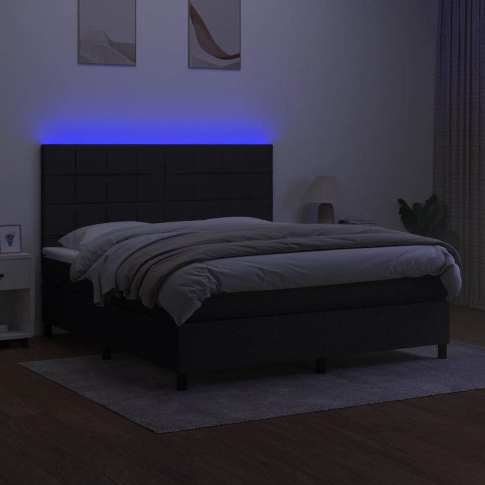 Cama box spring colchón y luces LED tela negro 160x200