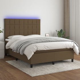Cama box spring colchón luces LED tela marrón oscuro 140x190