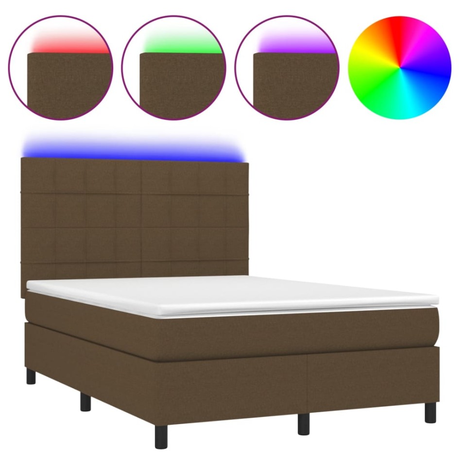 Cama box spring colchón luces LED tela marrón oscuro 140x190