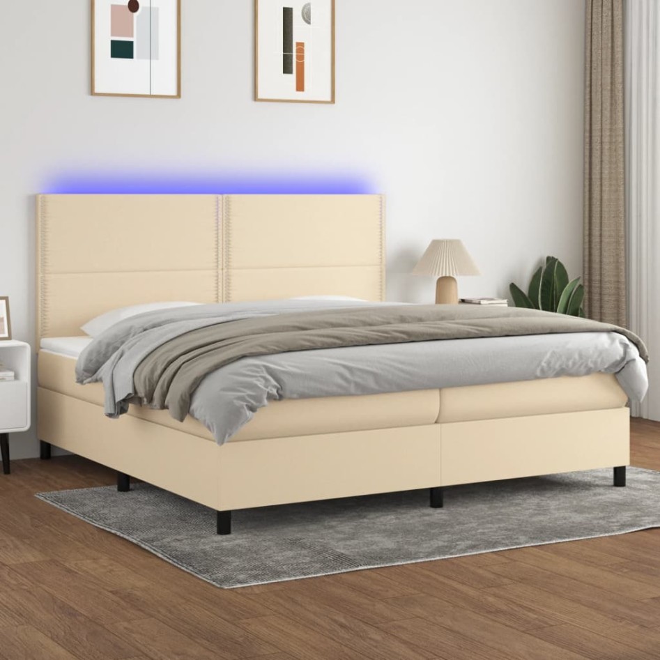 Cama box spring colchón y luces LED tela crema 200x200