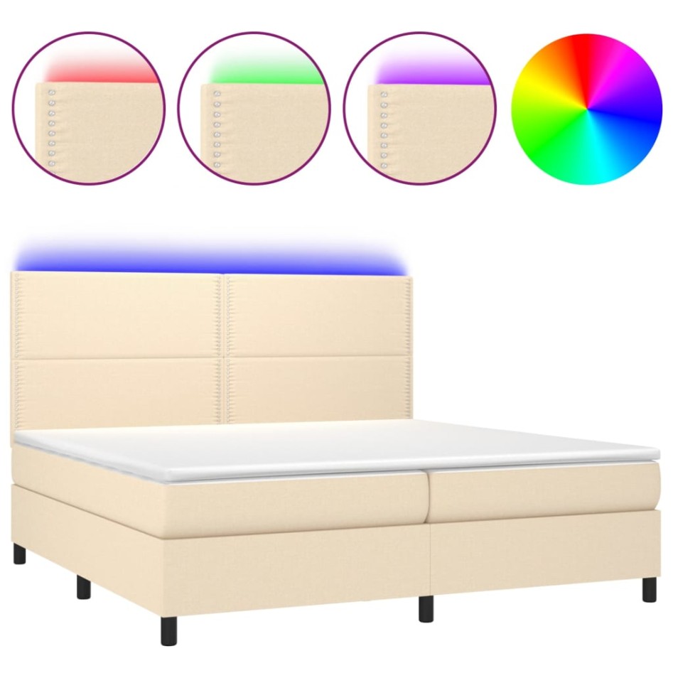 Cama box spring colchón y luces LED tela crema 200x200