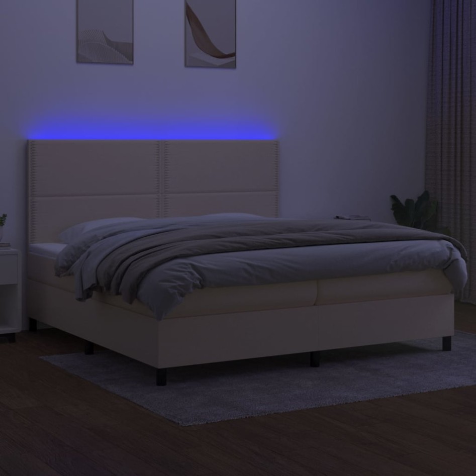 Cama box spring colchón y luces LED tela crema 200x200