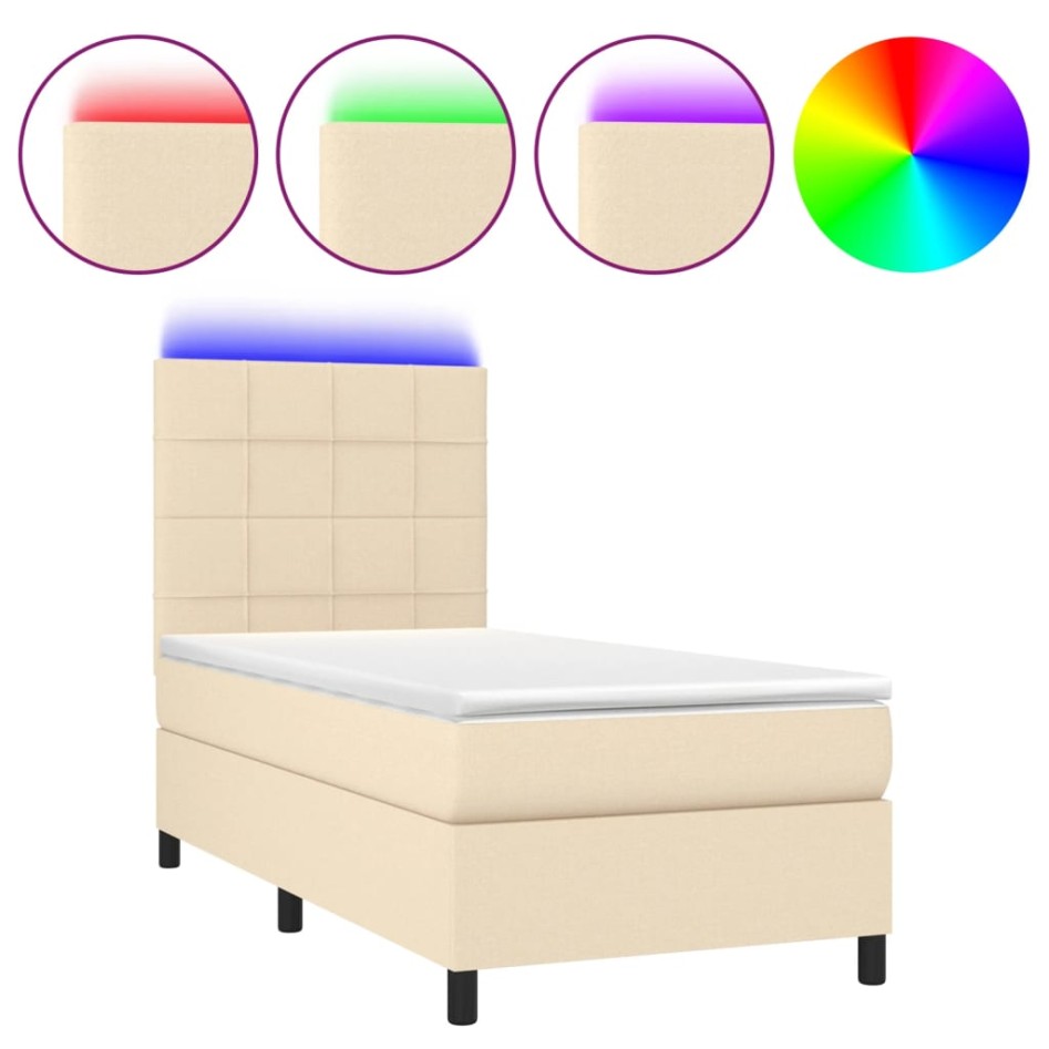Cama box spring colchón y luces LED tela crema 100x200