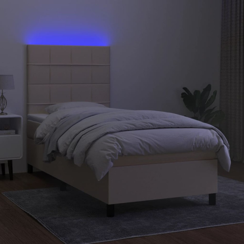 Cama box spring colchón y luces LED tela crema 100x200