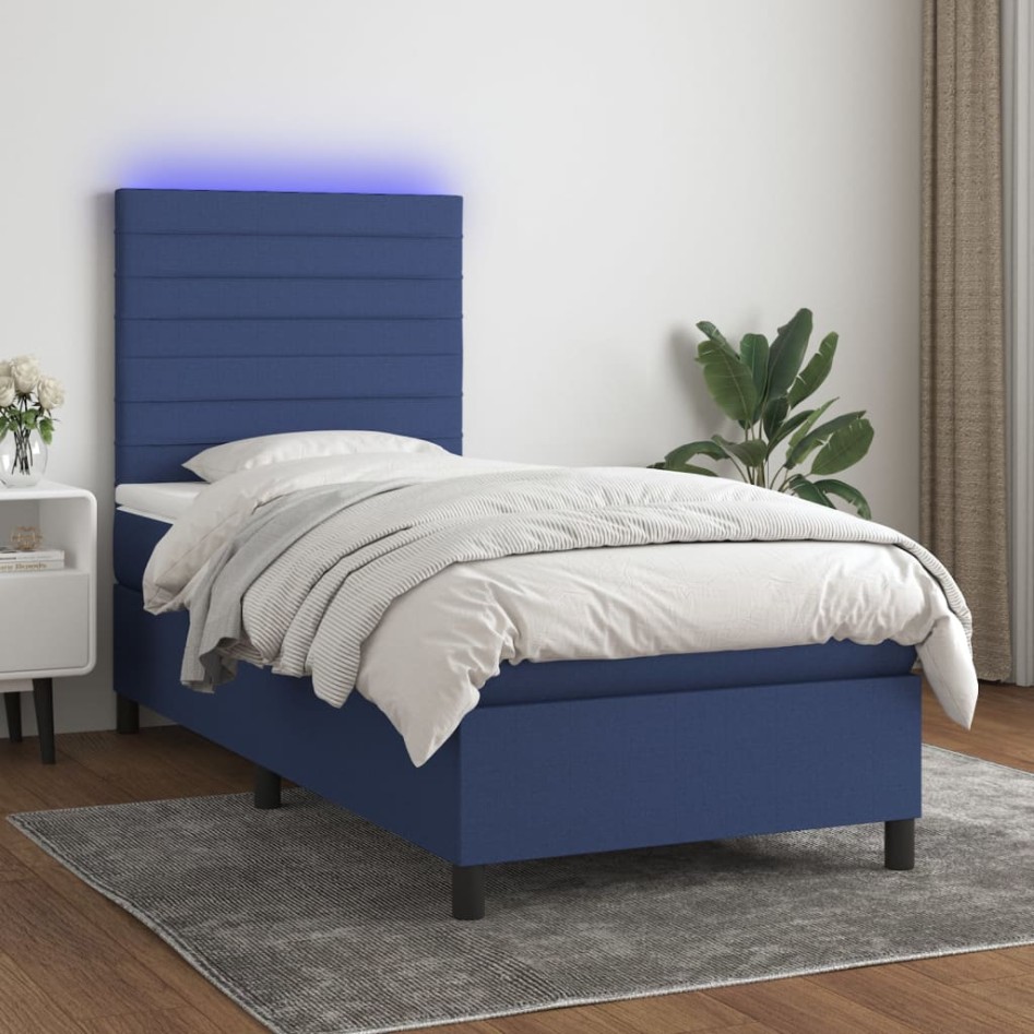 Cama box spring colchón y luces LED tela azul 90x190