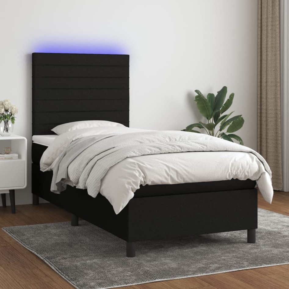 Cama box spring colchón y luces LED tela negro 100x200