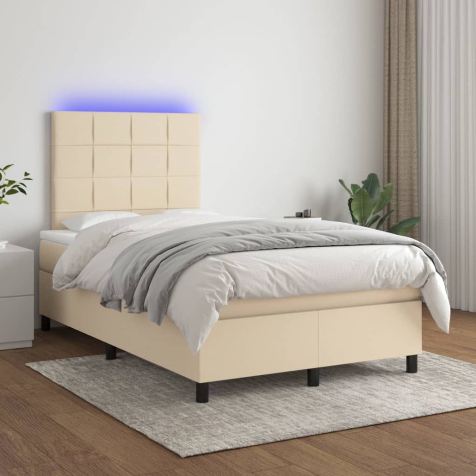 Cama box spring con colchón y LED tela crema 120x200