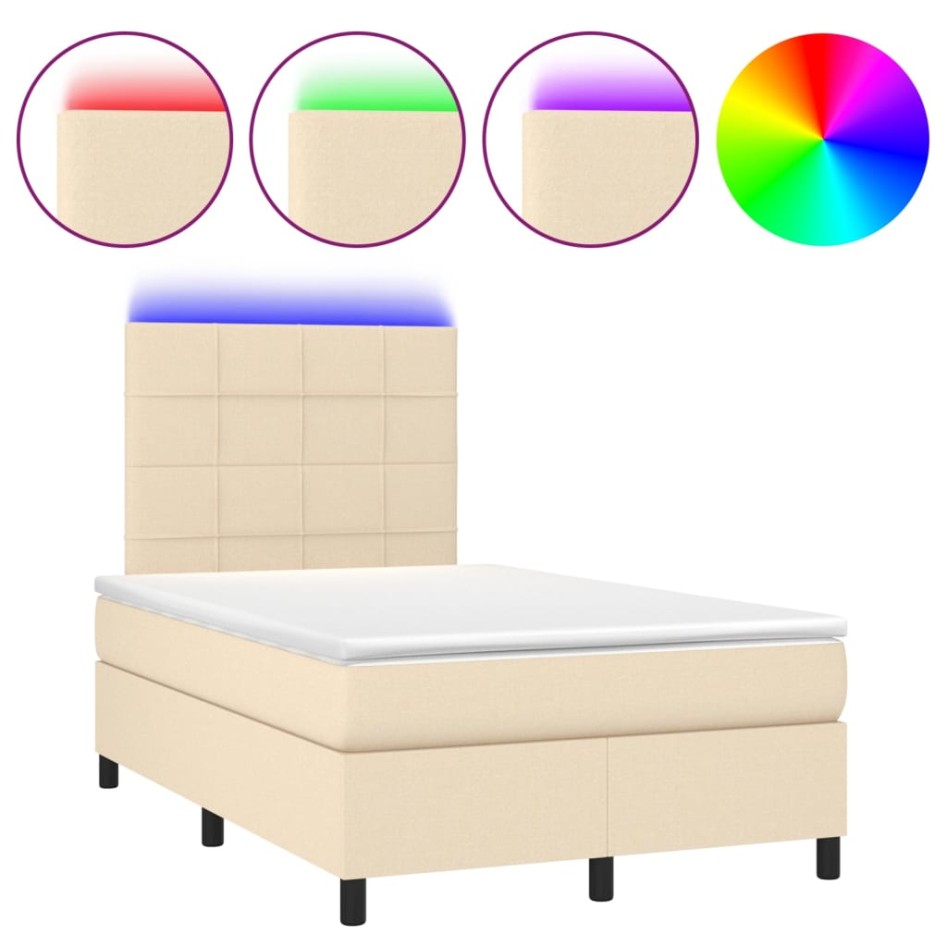 Cama box spring con colchón y LED tela crema 120x200