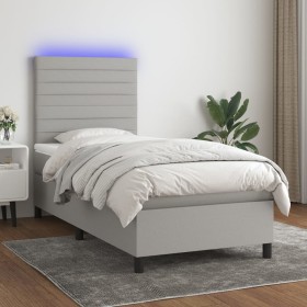 Cama box spring colchón y luces LED tela gris claro 80x200