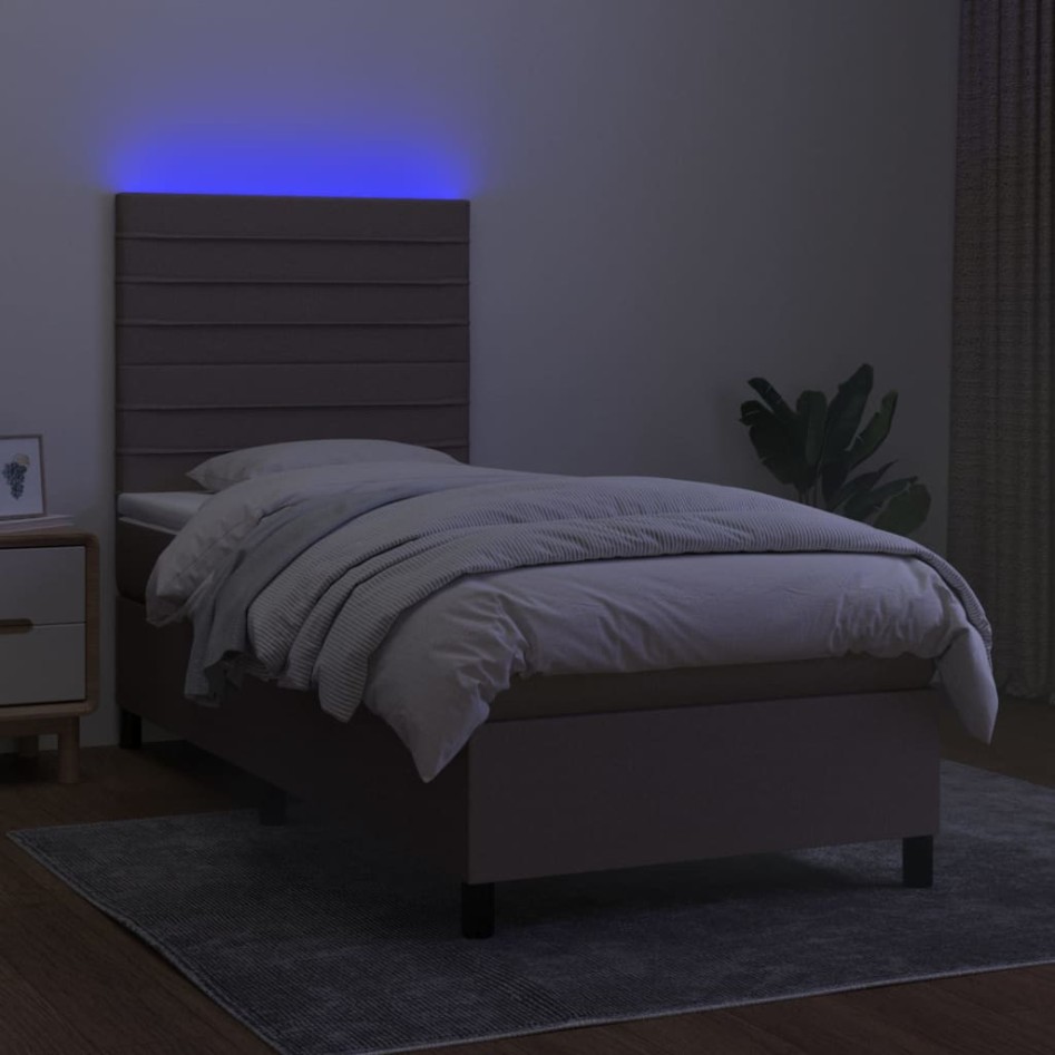 Cama box spring colchón y luces LED tela gris taupe 100x200
